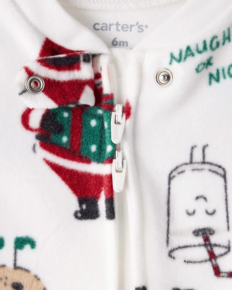 Baby Beige Santa Milk & Cookies Loose Fit Fleece Long-Sleeve Sleep & Play Pajamas - White