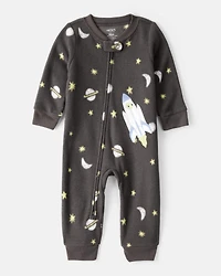 Toddler Boy Spaceship Star Fleece Long-Sleeve Loose Fit 1-Piece Pajamas - Grey