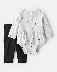 Baby Girl 2-Piece Bow Print Bodysuit & Pant Set - Grey