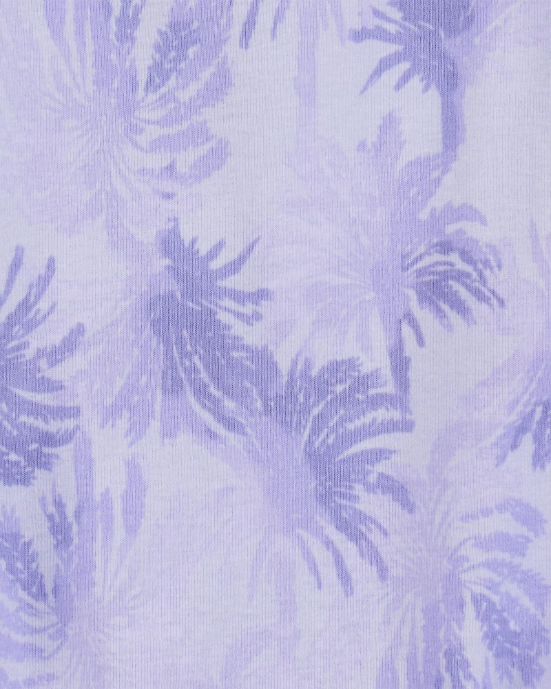 Kid 2-Piece Tropical Print Ribbed Tank Top & Active Drawstring Skort Set - Purple