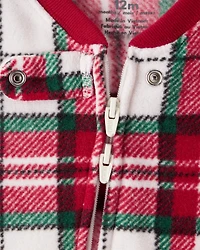 Toddler Plaid Print Fleece Long-Sleeve Loose Fit 1-Piece Pajamas - Red/White