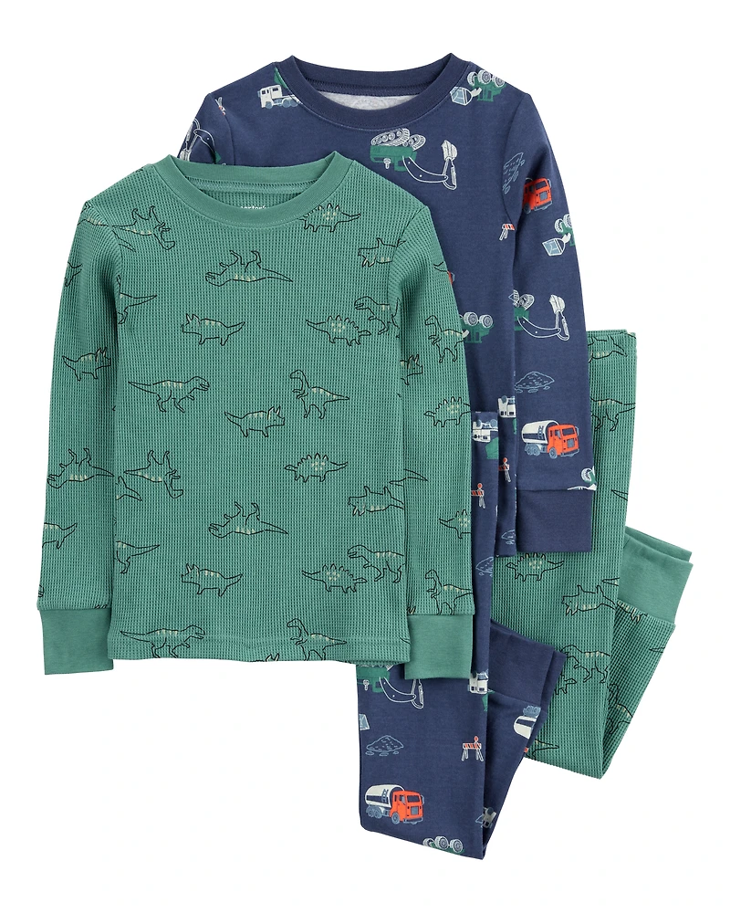 Toddler 4-Piece Dinosaur Trucks Waffle Knit Pajamas