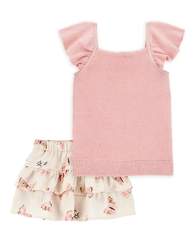 Toddler 2-Piece Flutter-Sleeve Rib Tank & Butterfly Ruffle Skort Set - Pink/Ivory