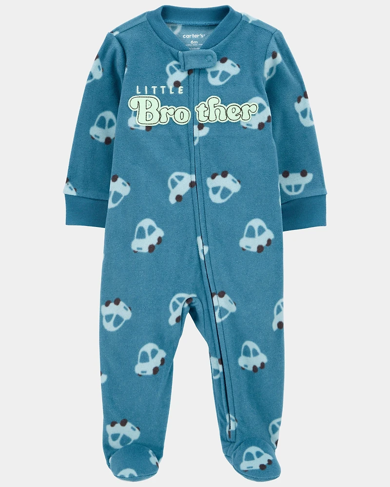 Baby Boy Little Brother Fleece Zip-Up Sleep & Play Pajamas - Blue
