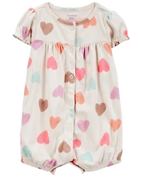 Baby Girl Heart Print Ribbed Short-Sleeve Romper - Tan