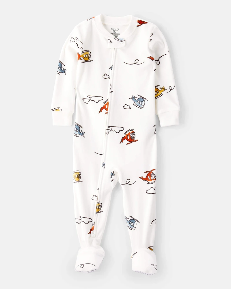 Toddler Boy Helicopter DreamPlush Snug Fit Long-Sleeve 1-Piece Pajamas - White