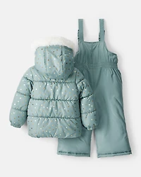 Toddler Girl 2-Piece Polka Dot Hooded Snowsuit Jacket & Bib Set - Green