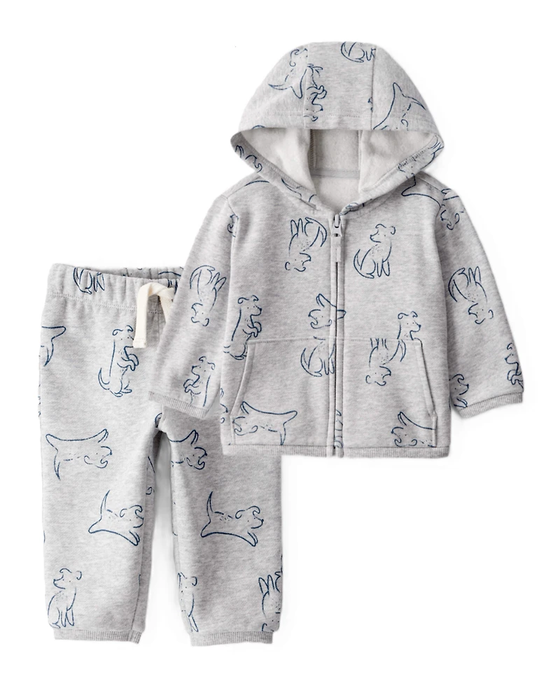 Baby Boy 2-Piece DayDream Fleece Dog Hoodie & Knit Pants Set - Grey