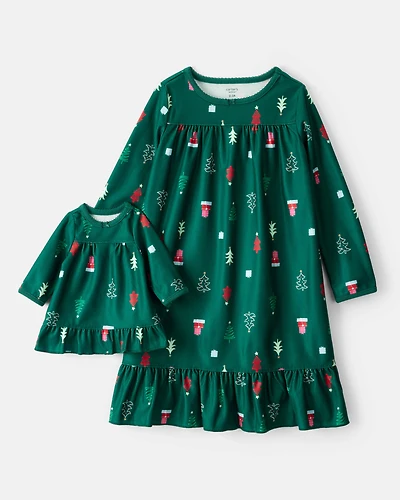 Girls 2-Piece Green Trees Fleece Long-Sleeve Loose Fit Night Gown & Matching Doll