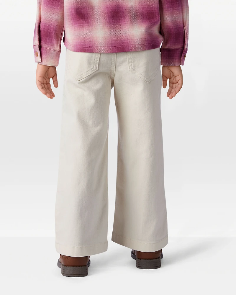 Toddler Embroidered Stretch Denim Wide Leg Jeans - Cream