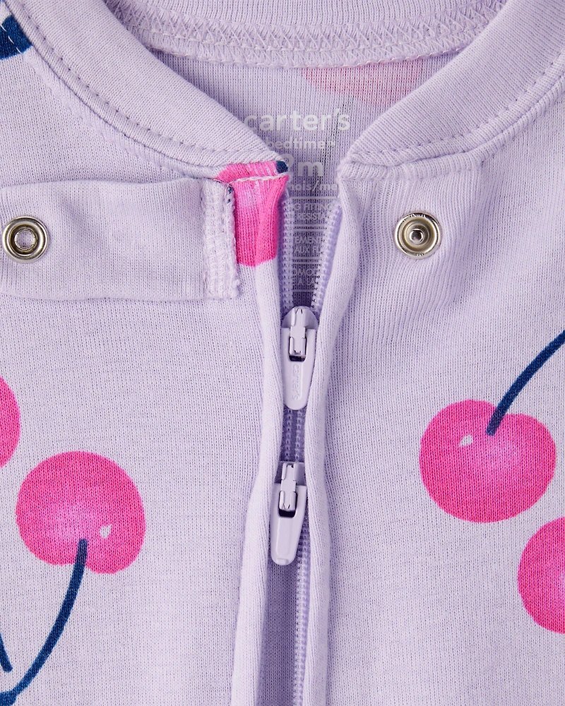 Baby Girl Cherry 100% Cotton Snug Fit 2-Way Zip Footie 1-Piece Pajamas - Purple