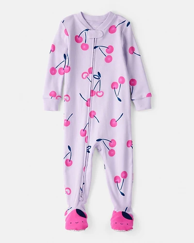 Toddler Girl Cherry 100% Cotton Snug Fit Footie 1-Piece Pajamas - Purple