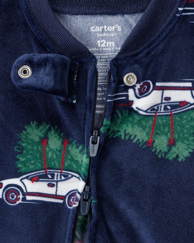 Toddler Christmas Cars Velour Long-Sleeve Snug Fit 1-Piece Pajamas - Navy