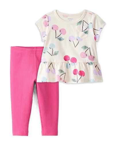 Toddler Girl 2-Piece Cherry Print Peplum Top & Solid Stretch Leggings Set - Ivory/PInk