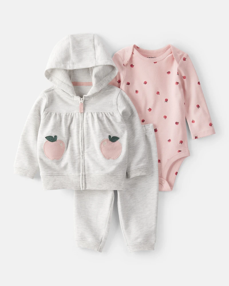 Baby Girl 3-Piece Apple Jacket, Bodysuit, Pant Set - Grey/Pink