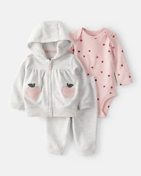 Baby Girl 3-Piece Apple Jacket, Bodysuit, Pant Set - Grey/Pink