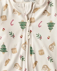 Baby Christmas Print PurelySoft Long-Sleeve Sleep & Play Pajamas - White