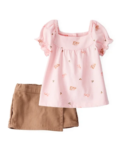 Toddler Girl 2-Piece Floral Short-Sleeve Top & Cotton Skirt Set - Pink/Brown