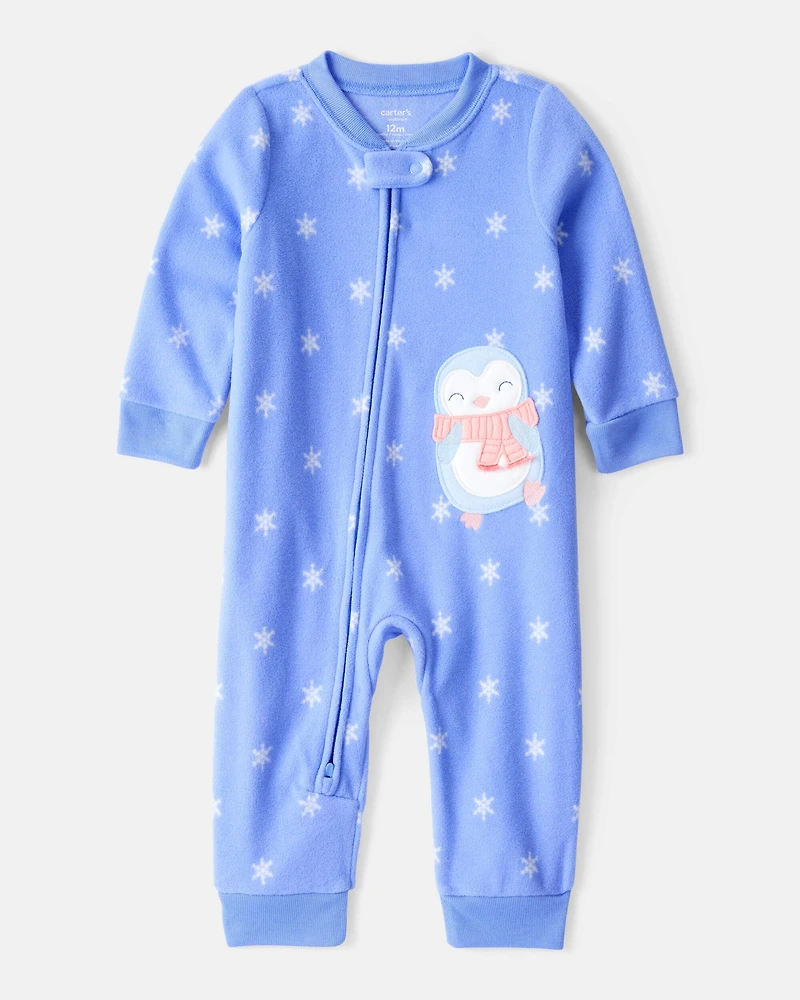 Toddler Girl Penguin Fleece Long-Sleeve Loose Fit 1-Piece Pajamas - Blue