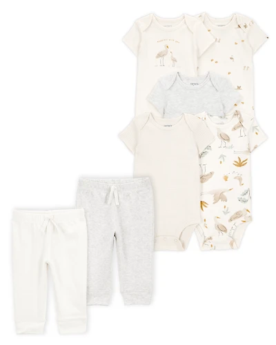 Baby 7-Piece Short-Sleeve Bodysuits & Pull-On Pants Set - Ivory