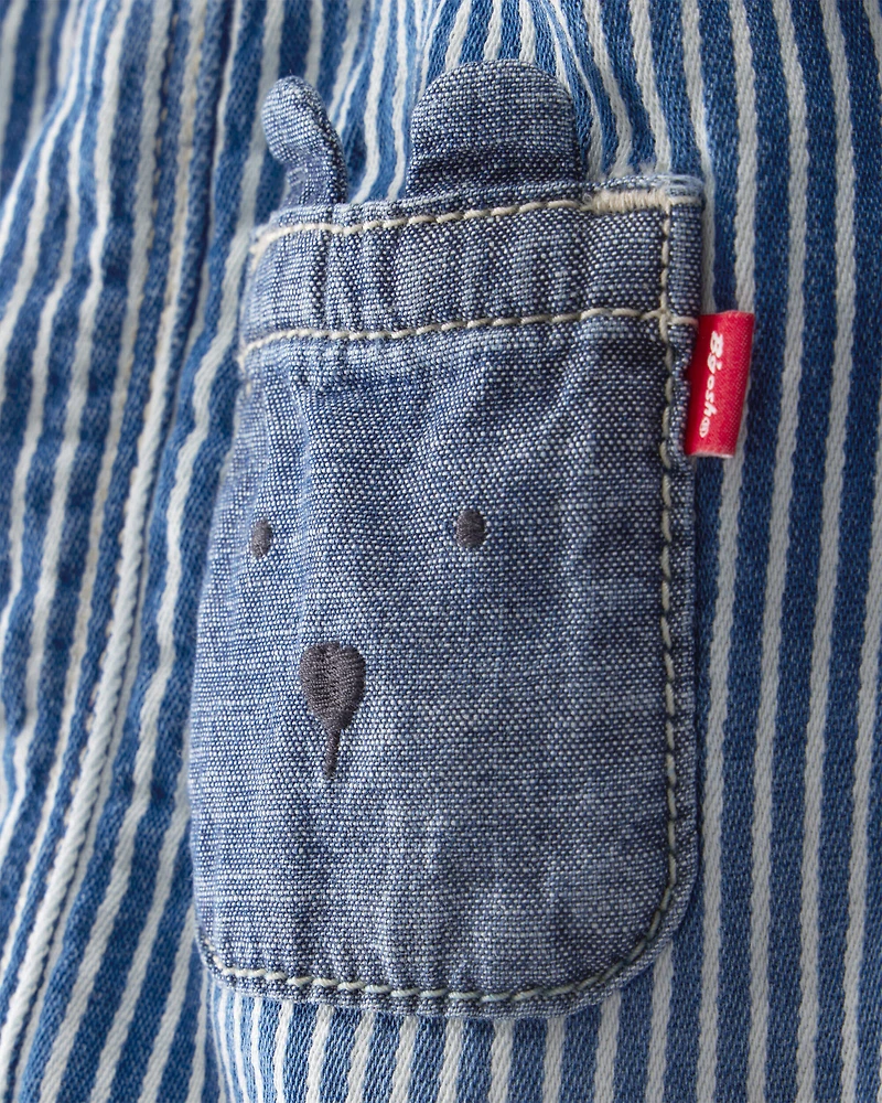 Baby Boy Bear Pocket Hickory Striped Pants - Blue