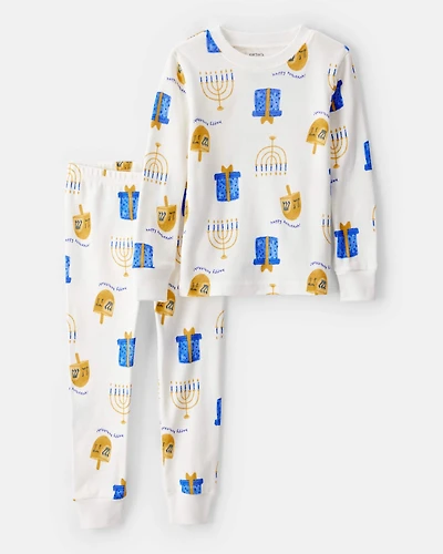 Baby Hannukah Print 100% Cotton Long-Sleeve Snug Fit 2-Piece Pajamas - White