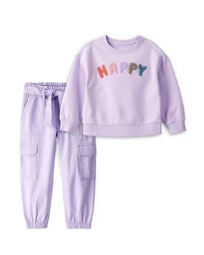 Toddler Girl 2-Piece Happy Pullover Sweatshirt & Cargo Joggers Set - Purple
