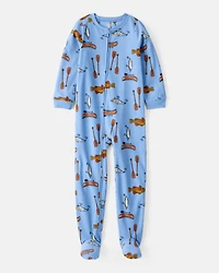 Kid 1-Piece Fishing Print Fleece Footie Pajamas - Blue