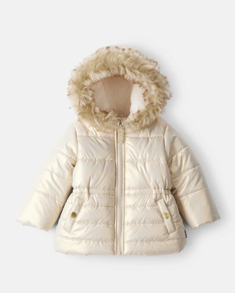 Baby Girl Hooded Heavyweight Winter Jacket - Cream