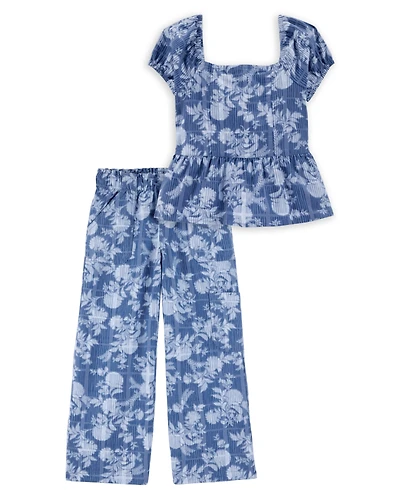 Kid 2-Piece Floral Peplum Top & Drawstring Pants Set - Blue