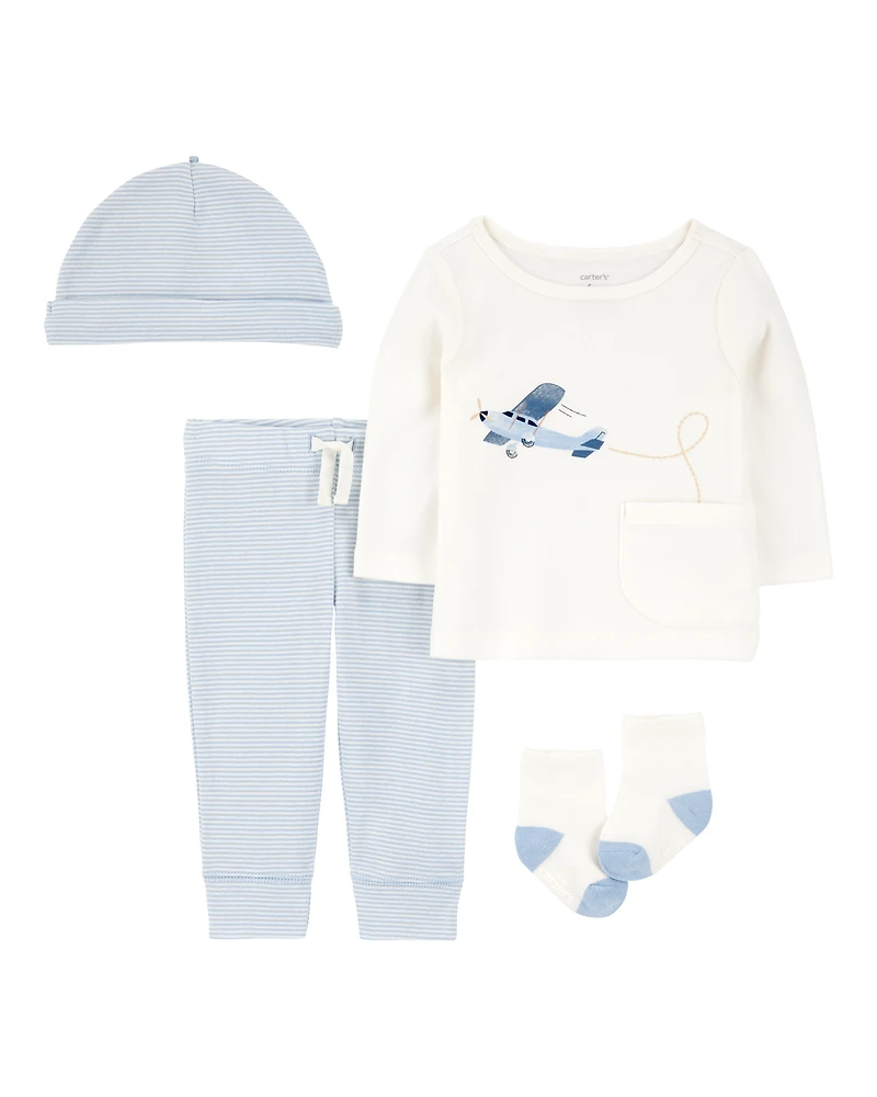 Baby 4-Piece Airplane Print Outfit Set - Blue