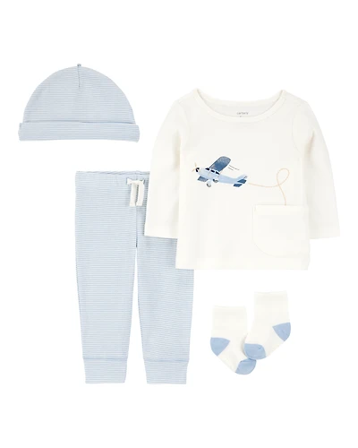 Baby 4-Piece Airplane Print Outfit Set - Blue