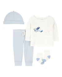 Baby 4-Piece Airplane Print Outfit Set - Blue