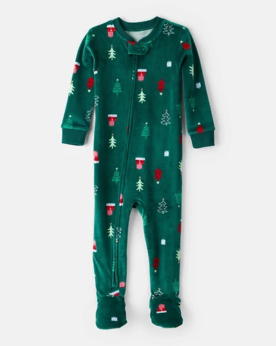 Toddler Green Trees Velour Long-Sleeve Snug Fit 1-Piece Pajamas