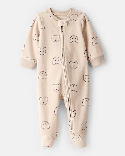 Baby Boy Bear Fleece Loose Fit 2-Way Zip Sleep & Play Pajamas - Khaki