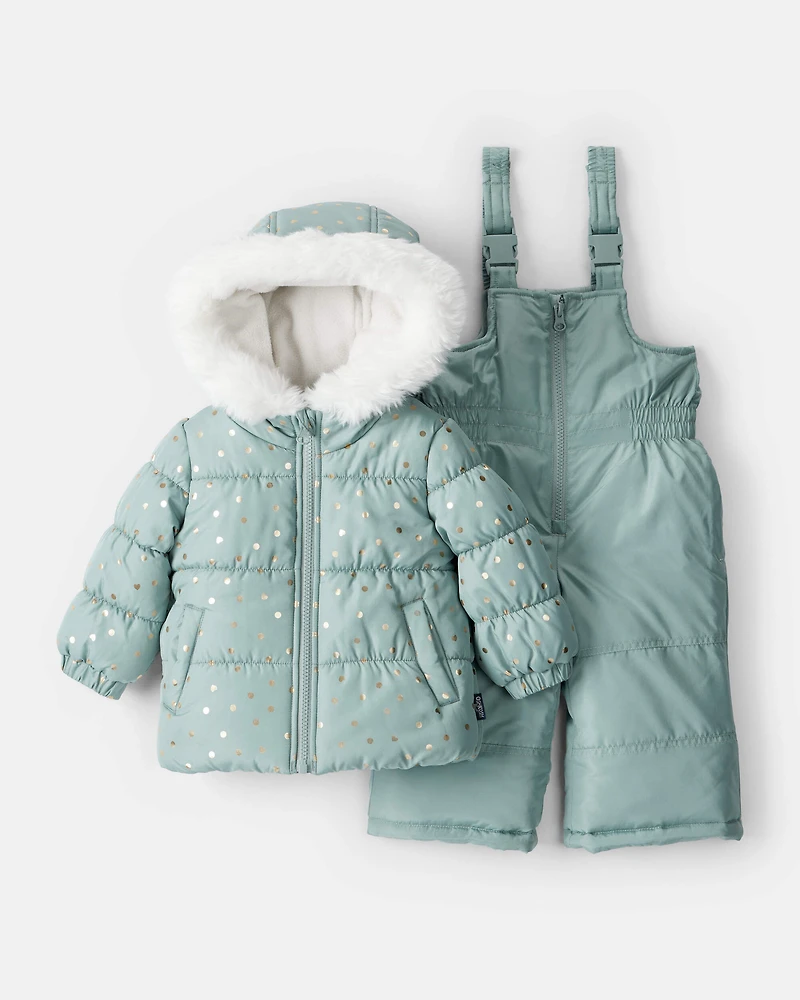 Baby Girl 2-Piece Polka Dot Hooded Snowsuit Jacket & Bib Set - Green