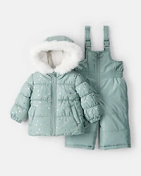 Baby Girl 2-Piece Polka Dot Hooded Snowsuit Jacket & Bib Set - Green