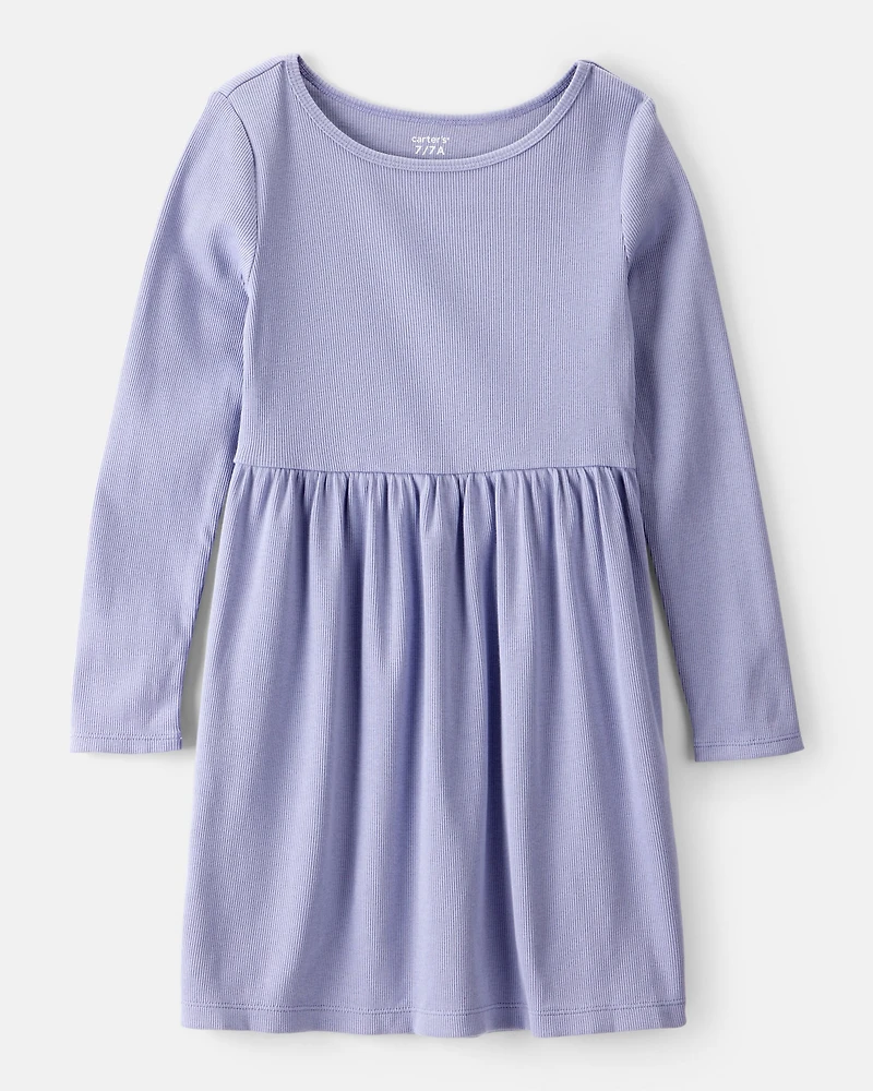 Girls Long Sleeve Cotton Dress - Purple