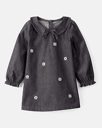 Toddler Girl Floral Motif Chambray Long-Sleeve Dress - Grey