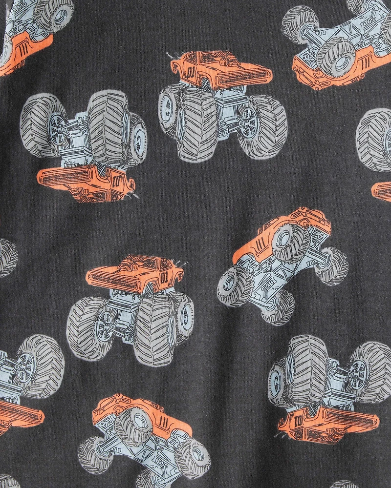 Boys Monster Truck Print 100% Cotton Long-Sleeve 4-Piece Pajamas - Blue