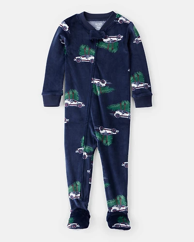 Toddler Christmas Cars Velour Long-Sleeve Snug Fit 1-Piece Pajamas - Navy