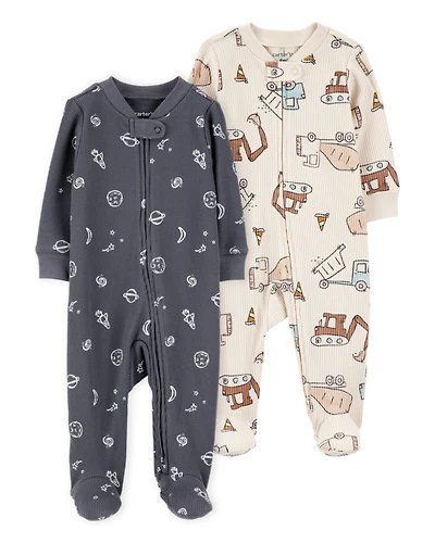 Baby 2-Pack  Ribbed 2-Way Zip Sleep & Play Pajamas - Grey/Ivory