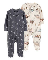 Baby 2-Pack  Ribbed 2-Way Zip Sleep & Play Pajamas - Grey/Ivory