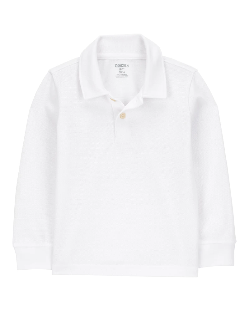 Toddler Pique Long-Sleeve Uniform Polo Shirt - White