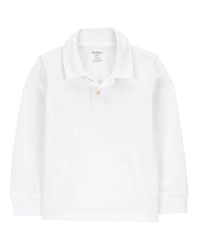 Toddler Pique Long-Sleeve Uniform Polo Shirt - White