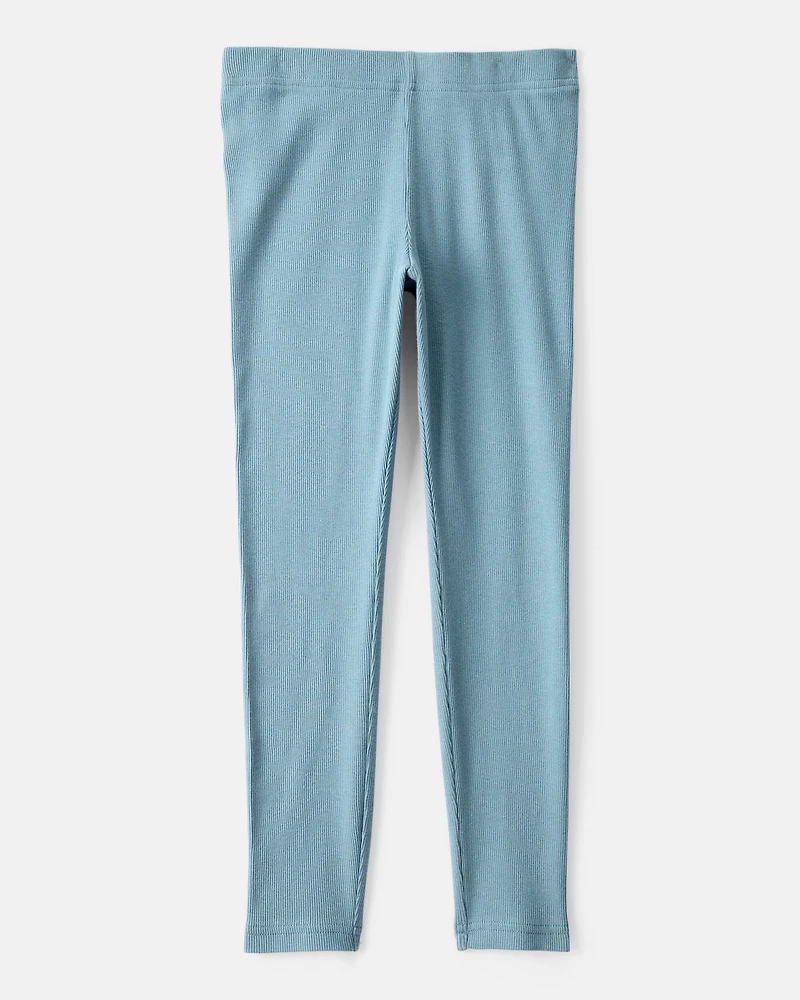 Girls Rib 100% Cotton Pull-On Stretch Leggings - Blue