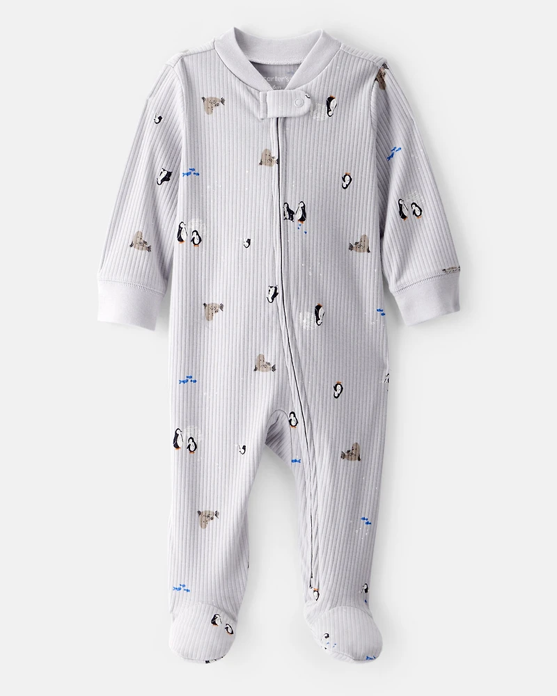 Baby Penguin Print Cotton Long-Sleeve Sleep & Play - Grey