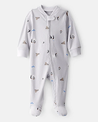 Baby Penguin Print Cotton Long-Sleeve Sleep & Play - Grey