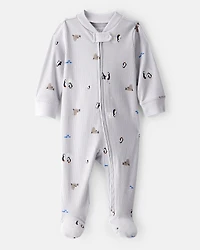 Baby Penguin Print Cotton Long-Sleeve Sleep & Play - Grey