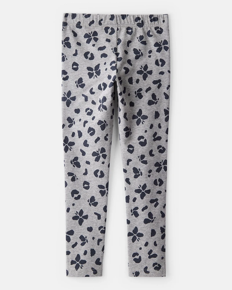Girls Butterfly Leopard Print Pull-On Stretch Leggings - Grey